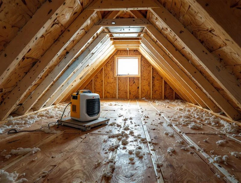 Completed attic mold remediation showing remediated sheathing, fresh insulation, and verified moisture clearance in an LA home.
