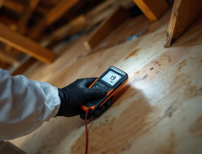 Pin-type moisture meter verifying sheathing moisture content in a Los Angeles attic during clearance preparation.