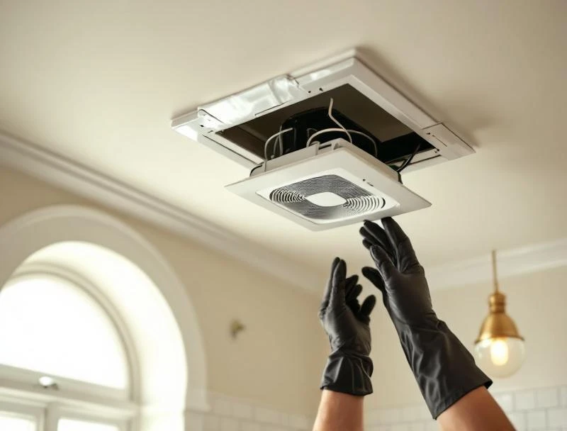 Bathroom exhaust fan upgrade installation for mold prevention in a Los Angeles Spanish Colonial Revival bathroom.