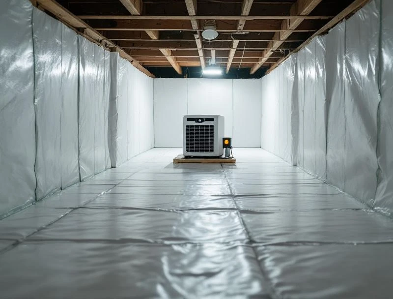 Completed crawl space encapsulation with new vapor barrier, sealed perimeter, and dehumidifier under a Bel Air hillside home.