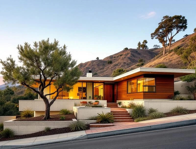 Hollywood Hills mid-century hillside home exterior with raised perimeter foundation showing the crawl-space-prone construction style.