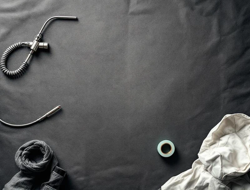 HVAC mold remediation equipment flat-lay including borescope, coil cleaning foam, antimicrobial fogger, UV-C lamp, and respirator.