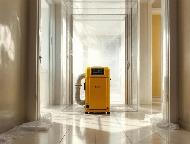 IICRC S520 negative-air containment setup with HEPA air scrubber in a Los Angeles home.