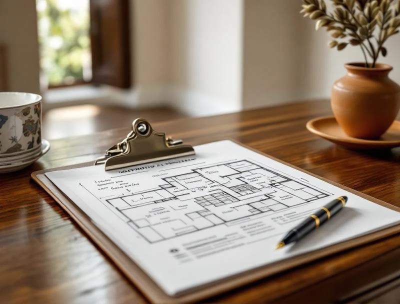 Completed Los Angeles mold inspection report with annotated floor plan and moisture-mapping notations on a wood console.