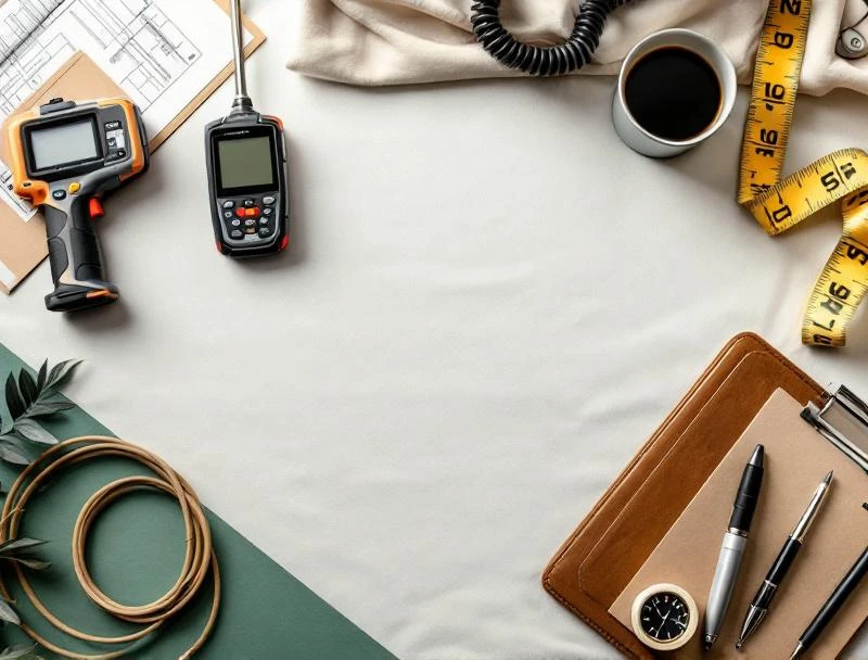Mold inspection tools flat-lay including thermal camera, moisture meter, borescope, and inspection clipboard.