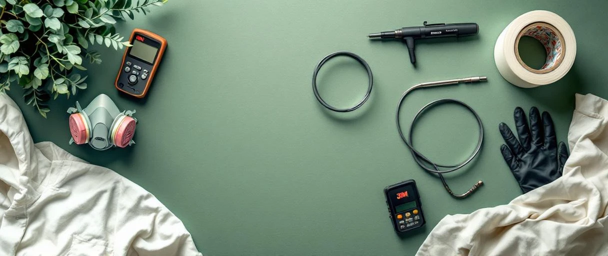 Mold remediation equipment flat-lay including HEPA vacuum, moisture meter, air sampling cassette, and respirator on a sage green surface.