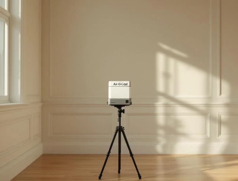 Post-remediation clearance verification with air sampling cassette on a tripod beside cream wainscoting in a restored Los Angeles room.