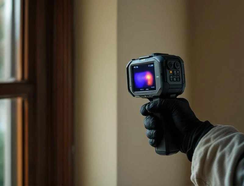 FLIR thermal imaging camera scanning a Hancock Park interior wall during mold inspection for hidden moisture.